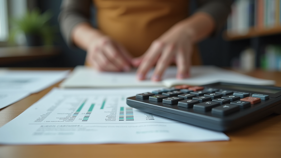 Close-up view of a calculator and financial documents on a wooden table in a Wisconsin small business