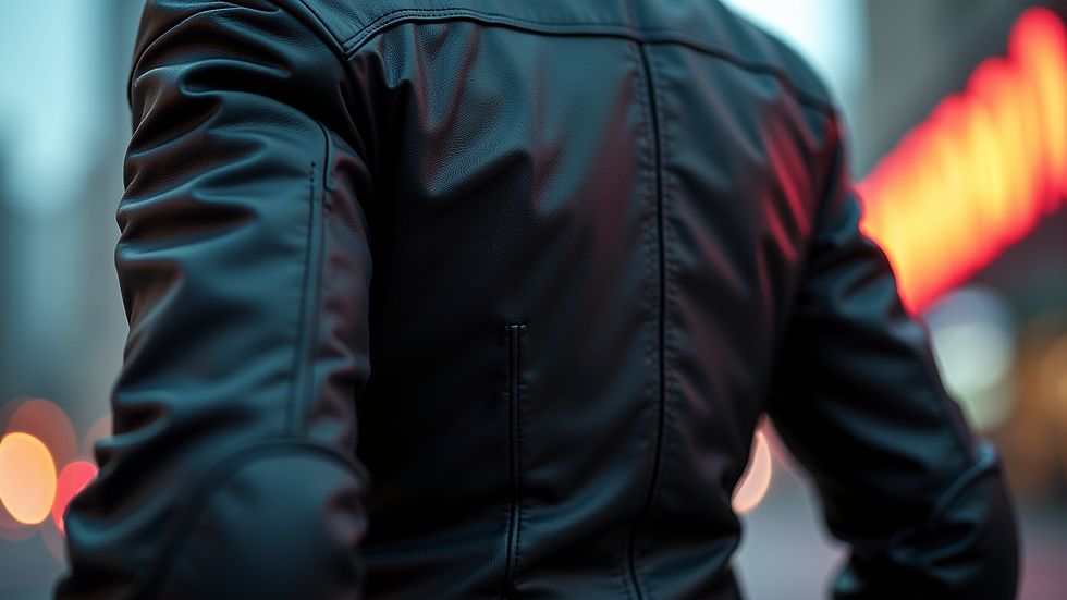 Eye-level view of a sleek black leather motorcycle jacket with neon accents