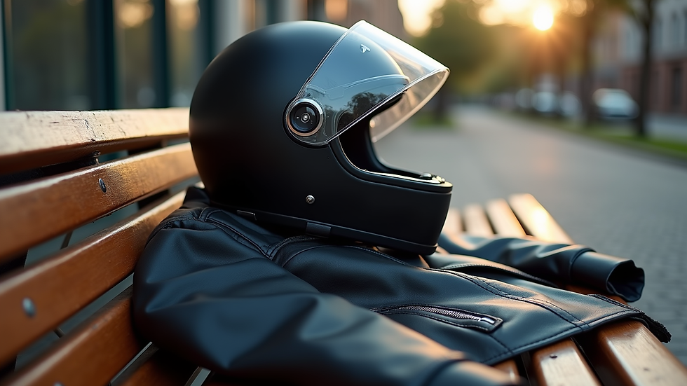 High angle view of a motorcycle helmet resting on a leather jacket on a wooden bench