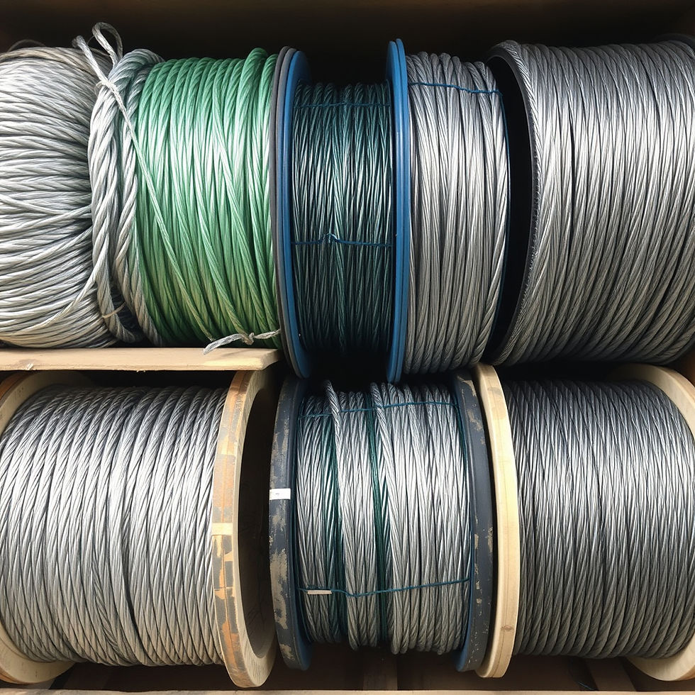 different types of wire ropes, MS, GI, Galvanised, PP, SS as drums of wires.jpg