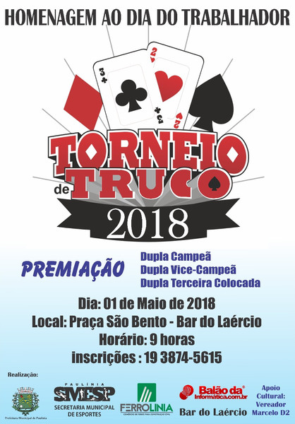 Torneio de Truco será realizado no feriado do Dia do Trabalhador