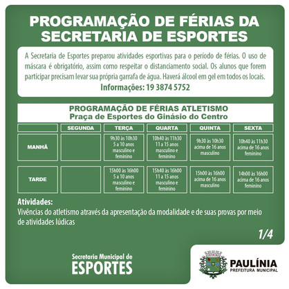 Esportes realiza programação de férias a partir da próxima terça-feira (12)
