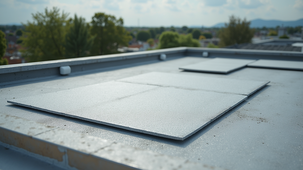 High angle view of roofing materials laid out on a roof deck