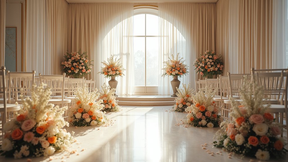 Wide angle view of a wedding ceremony setup with elegant floral arrangements