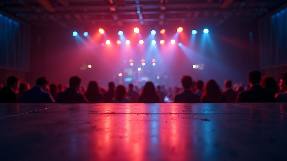 Eye-level view of a corporate event stage with elegant lighting