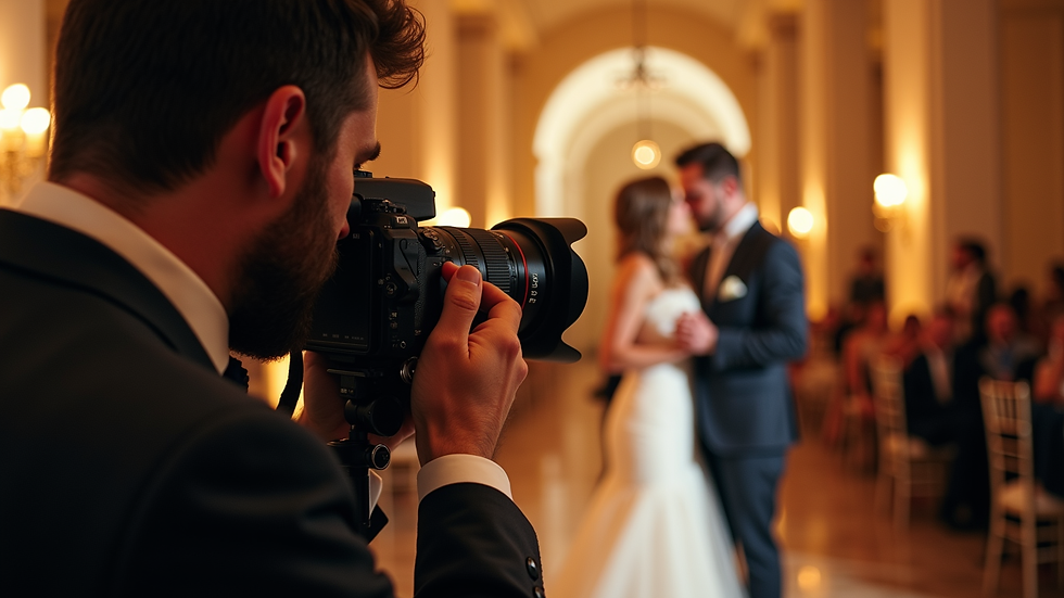 Close-up view of a photographer capturing a candid moment at a wedding reception