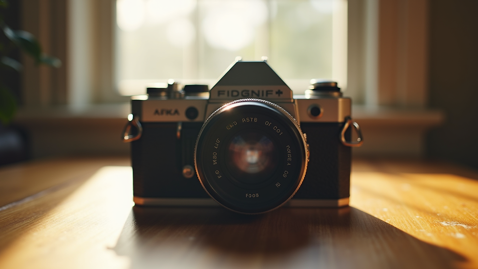 Close-up view of a vintage camera on a wooden table with soft natural light