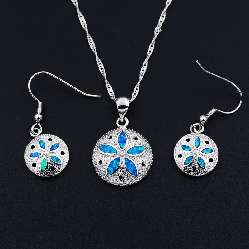 Summer Beach Jewelry Blue Fire Opal Sand Dollar Earring & Necklace