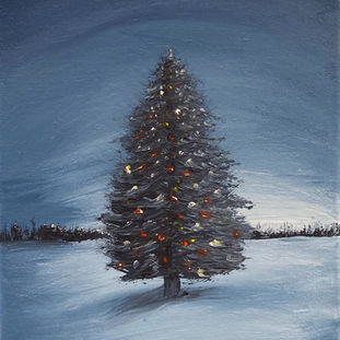 Painting of a christmas tree in a field. Ethereal Christmas Painting. Cosy christmas tree painting
