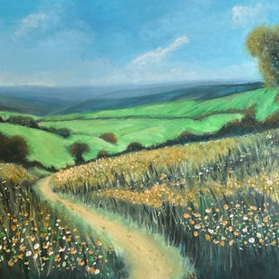 South Downs painting. Meadow painting of the South Downs. Acrylic on paper, framed