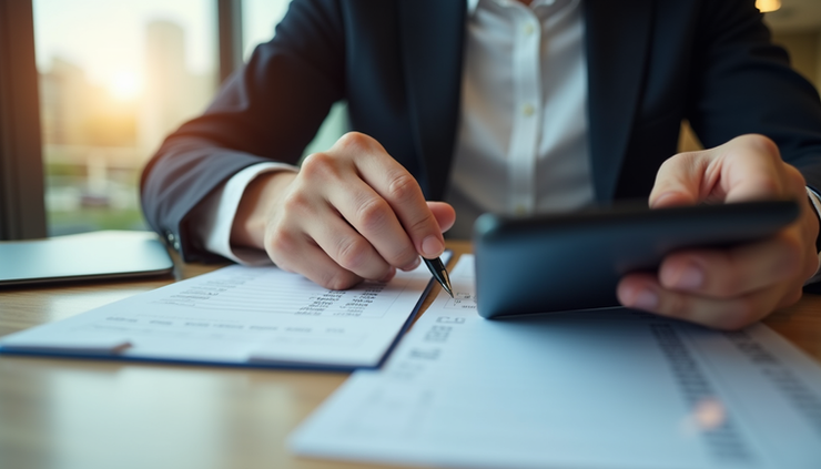 Eye-level view of a person reviewing paycheck statement with calculator and notes