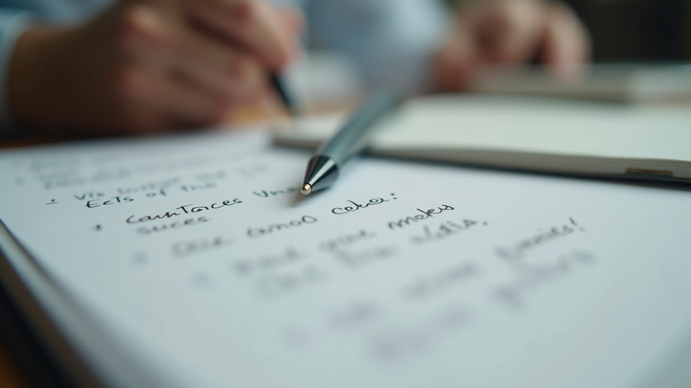 Close-up view of a notebook with elevator pitch notes and a pen