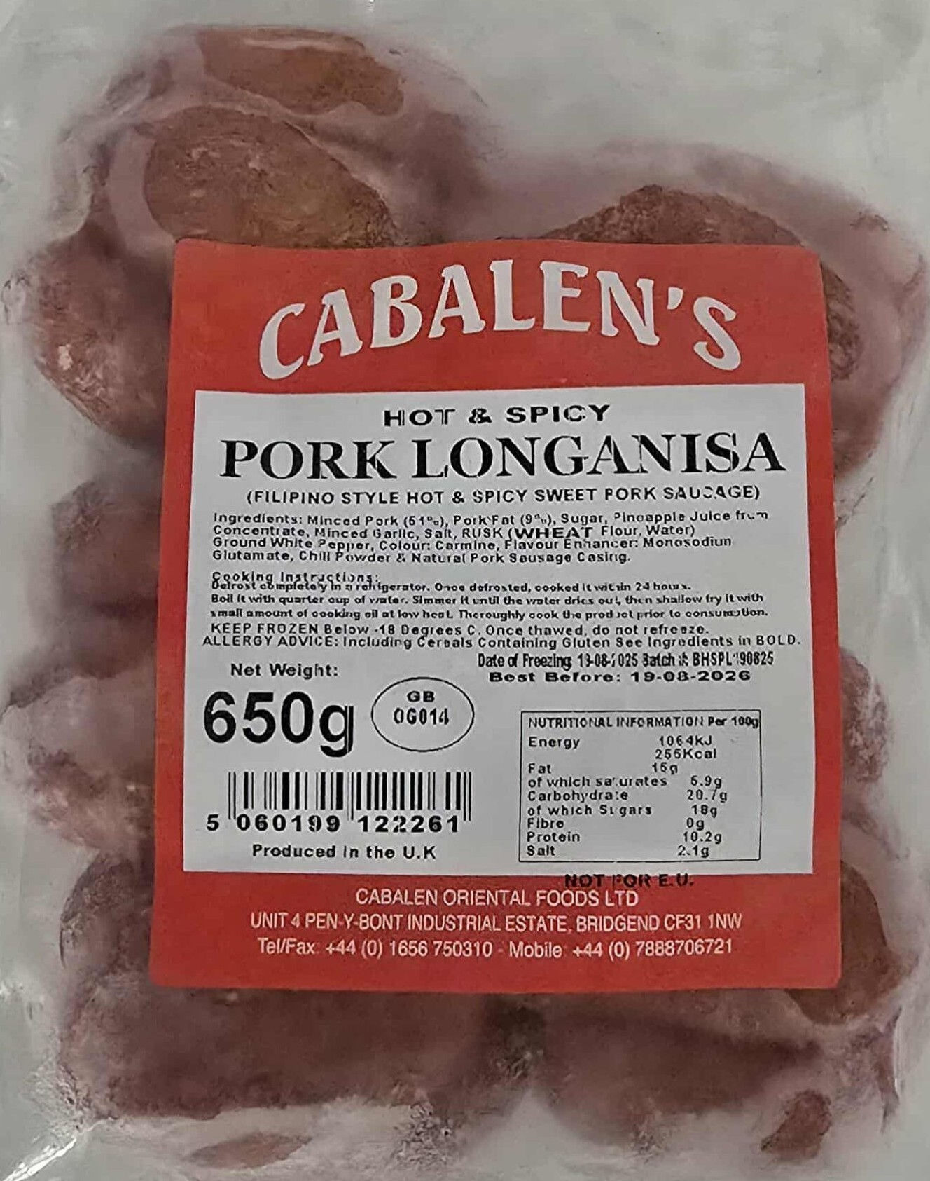 Cabalen's Hot & Spicy Pork Longanisa 650g