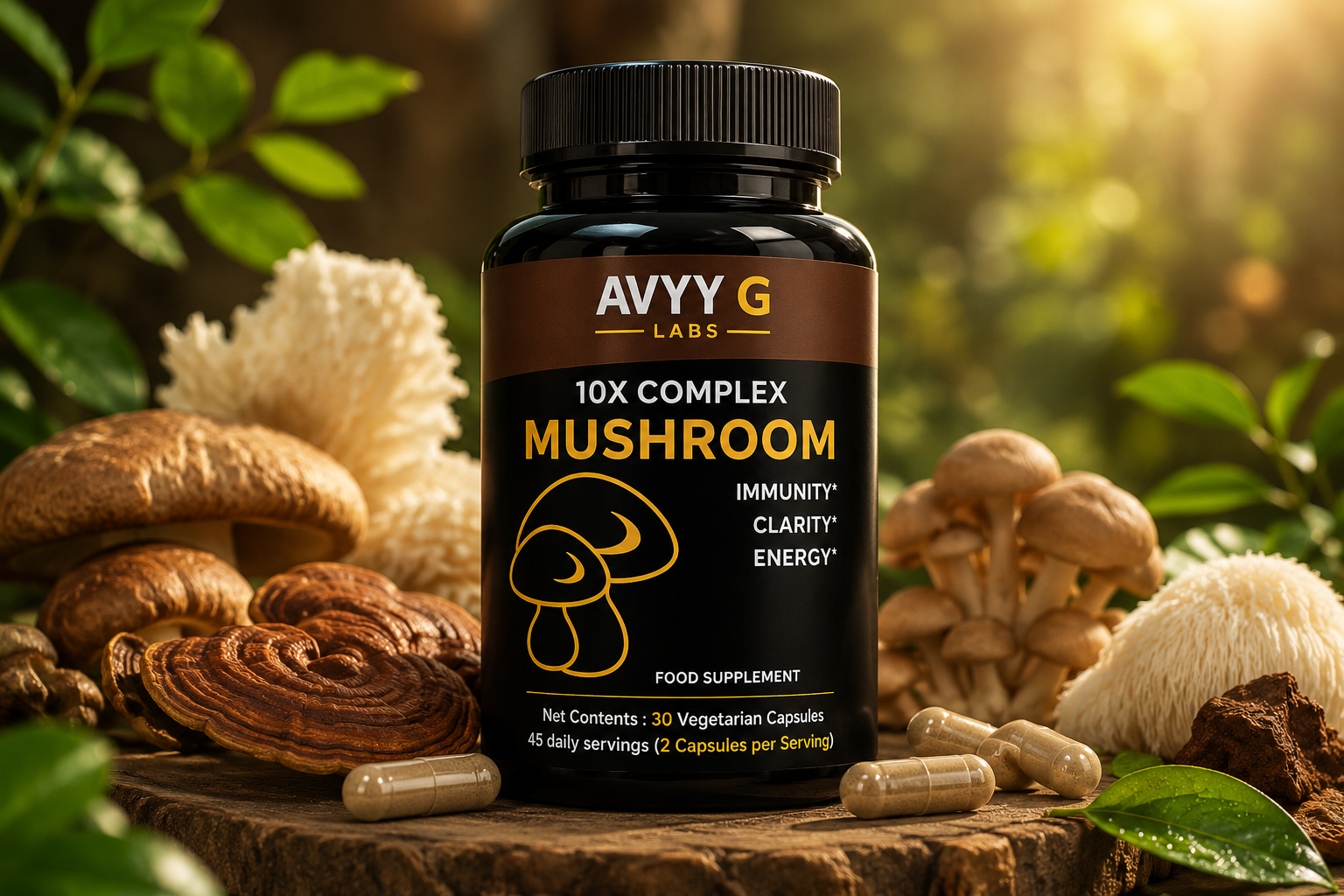 AVYY G LABS 10X Complex Mushroom Capsules with functional mushrooms for immunity, mental clarity and natural energy