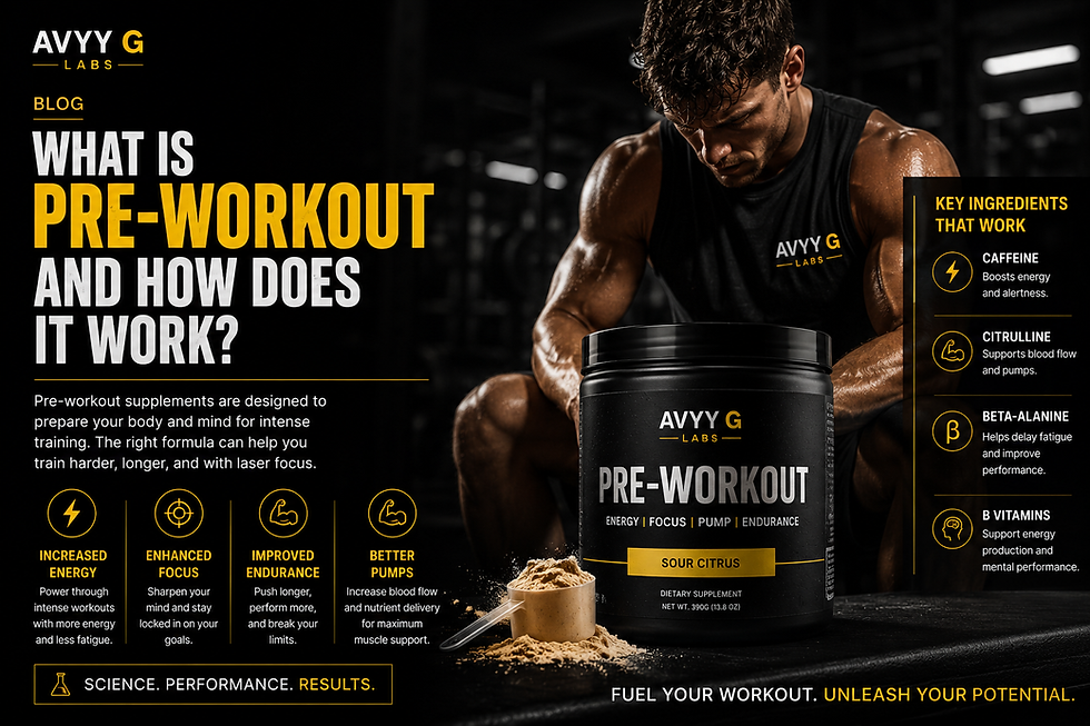 Discover the benefits of pre-workout supplements with Avyy G Labs. Designed to boost energy, enhance focus, and improve endurance, these supplements help you train harder and longer. Key ingredients like caffeine, citrulline, and beta-alanine support energy, blood flow, and performance. Fuel your workout and unleash your potential.