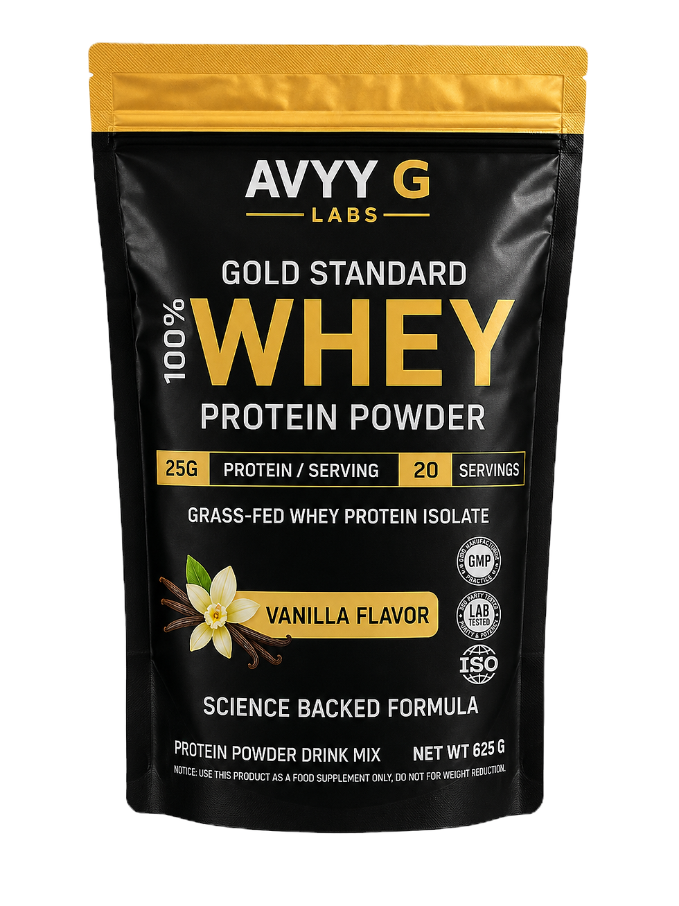 AVYY G LABS Grass Fed Whey Protein Isolate Vanilla 625g protein powder pouch