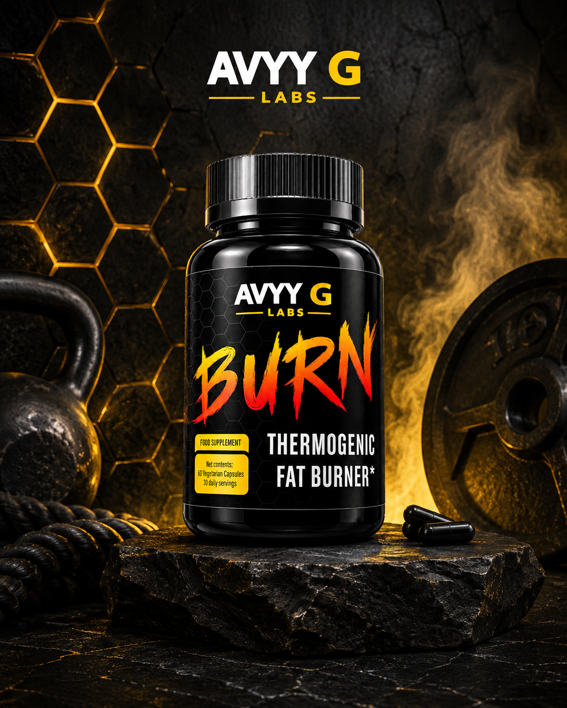 VYY G LABS BURN thermogenic supplement with black and gold gym background