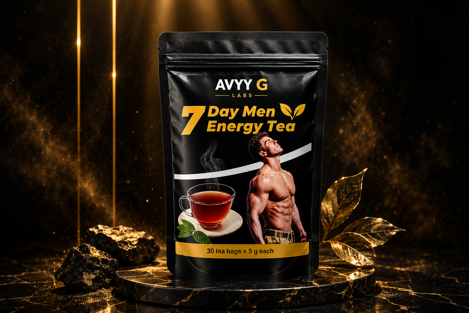 AVYY G LABS 7 Day Men Energy Tea pouch on premium black and gold background