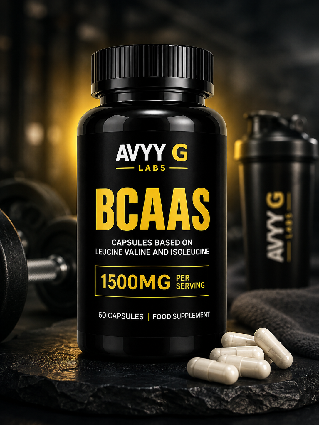 AVYY G LABS BCAAs 1500mg Capsules displayed in a premium gym setting with capsules and fitness equipment.