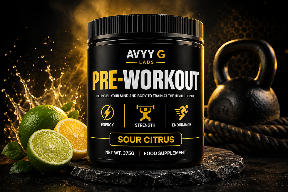 AVYY G LABS Pre-Workout Sour Citrus 375g sports nutrition supplement with energy, strength and endurance formula