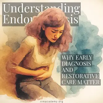 Watercolor of a woman clutching her stomach in pain, with a concerned expression. Background features blue and brown washes.