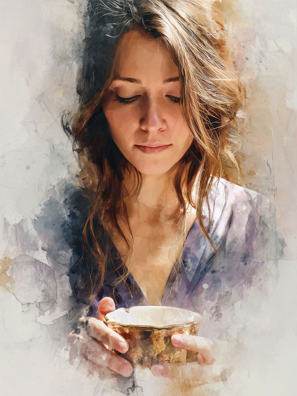 A woman gazes down at a decorative cup in a watercolor-style image. Soft browns and purples dominate, creating a calm, reflective mood.