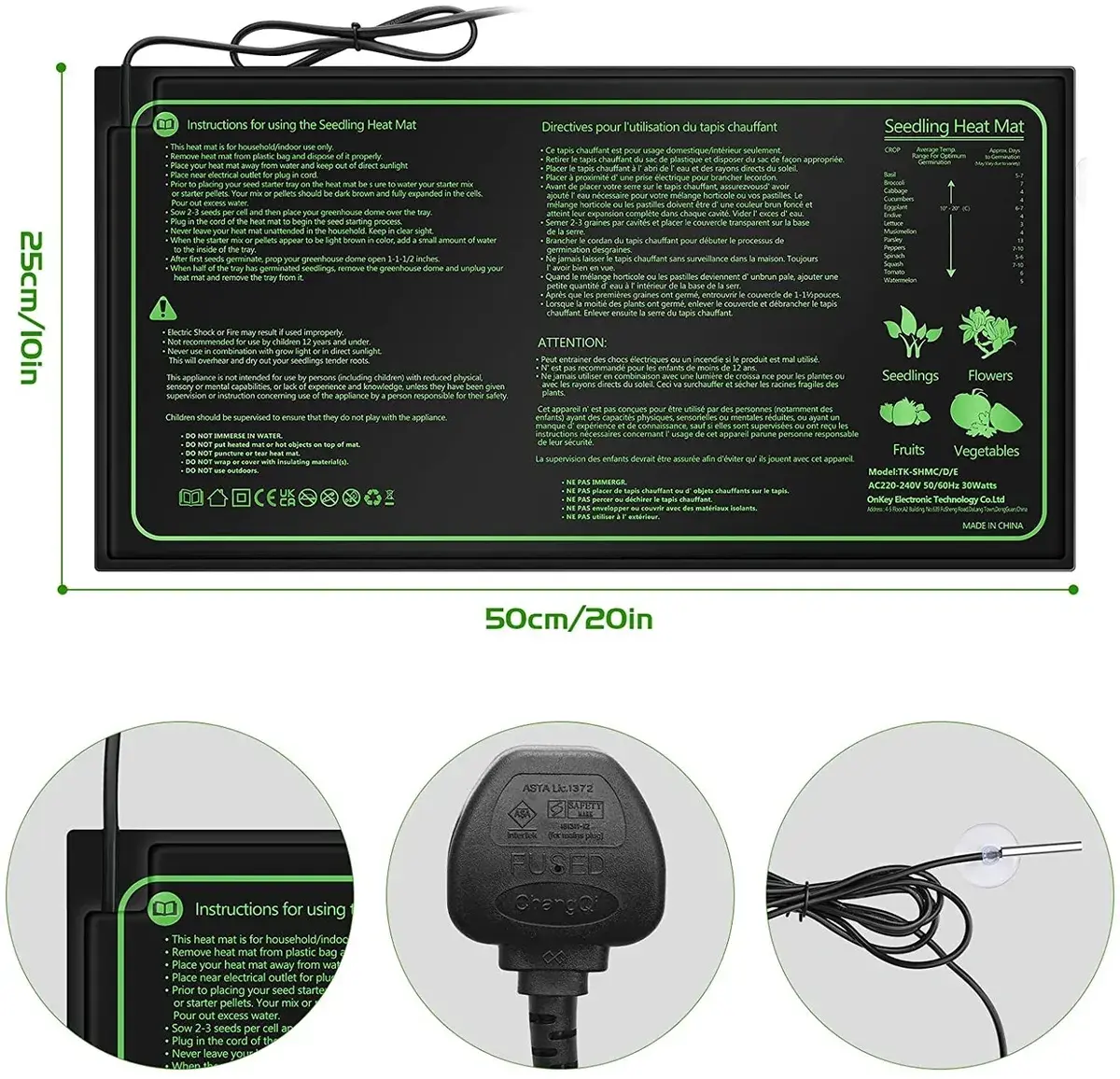 A mushroom heat mat measuring 50cm by 25cm with detailed usage instructions printed in green on a black surface.