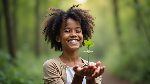 a young girl holding her hands together, holding a small plant while smiling