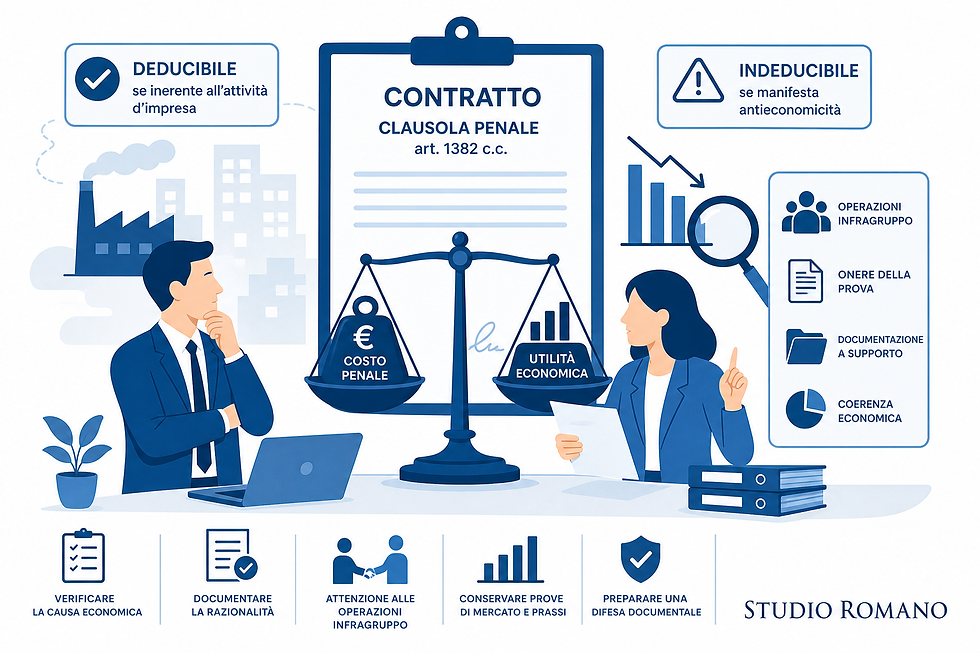 Illustrazione flat sulle penali contrattuali deducibili e sull'antieconomicita manifesta