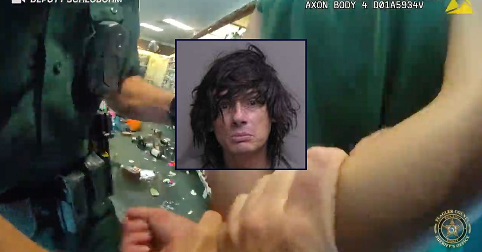 Inset: Jeffrey Kimmel (Perry Hall Inmate Detention Facility). Background: Kimmel's arrest at a liquor store in Palm Coast, Fla. (Flagler County Sheriff's Office).