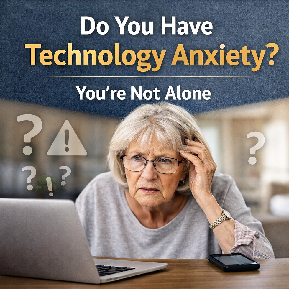 Elderly woman looks confused at laptop, surrounded by question marks and warning icons. Text: "Do You Have Technology Anxiety? You're Not Alone."