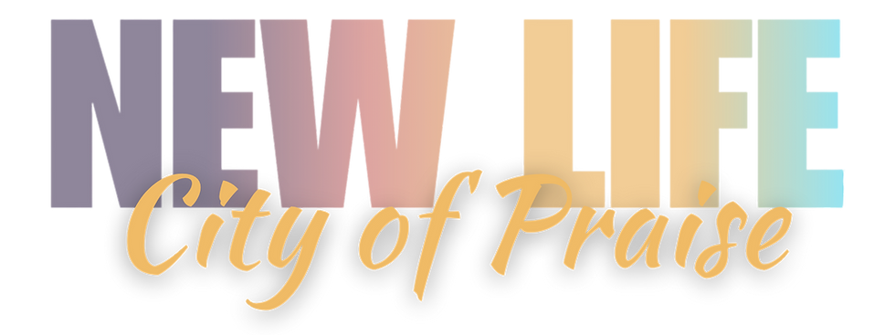 Text reading "NEW LIFE" in gradient purples and oranges, "City of Praise" in cursive gold, conveying a hopeful and uplifting mood.