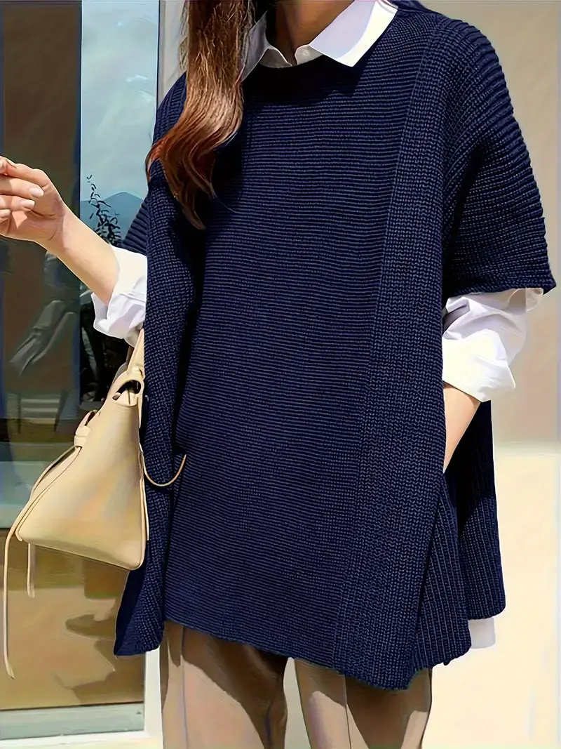 Plus Size Solid Split Hem Crew Neck Sweater, Casual Short Sleeve Sweater For Fal