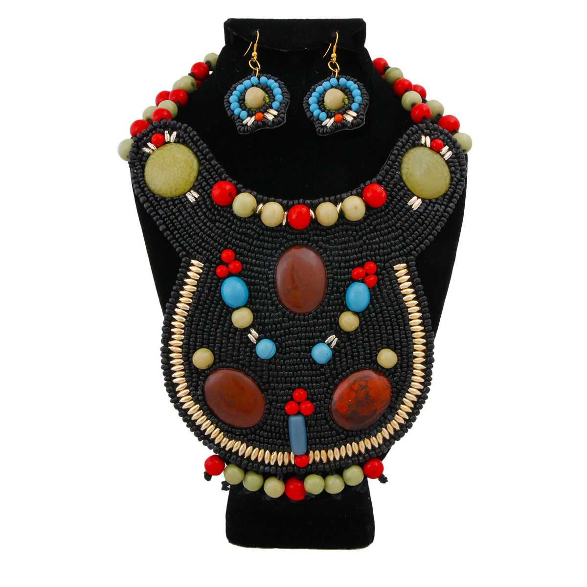 Black Bead Bib Necklace Set with Green and Red Bead Collar and Detail