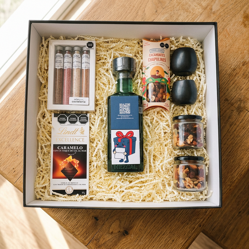 Caja de regalos empresas con botella, chocolate y snacks.