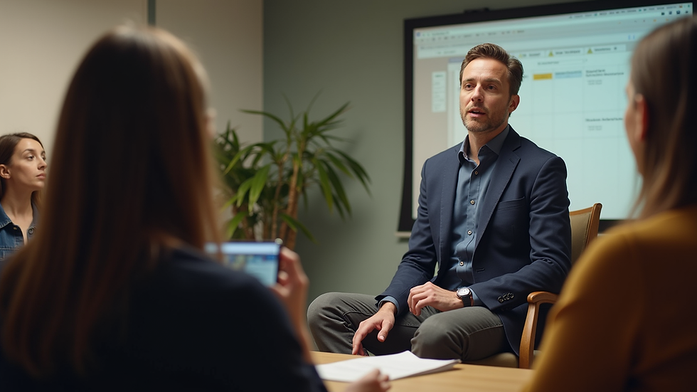 Eye-level view of a person speaking to a small group in a casual setting