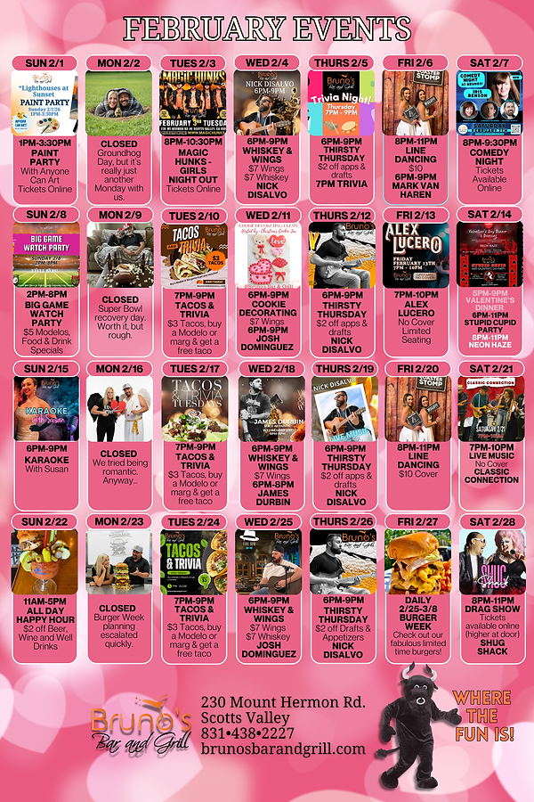 BRUNO'S BAR AND GRILL FEBRUARY CALENDAR OF EVENTS 2026.png