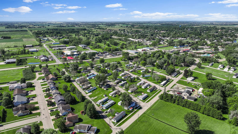 Aerial view of mobile homes in Riverlane Mobile Home Community located in Omro, WI. 