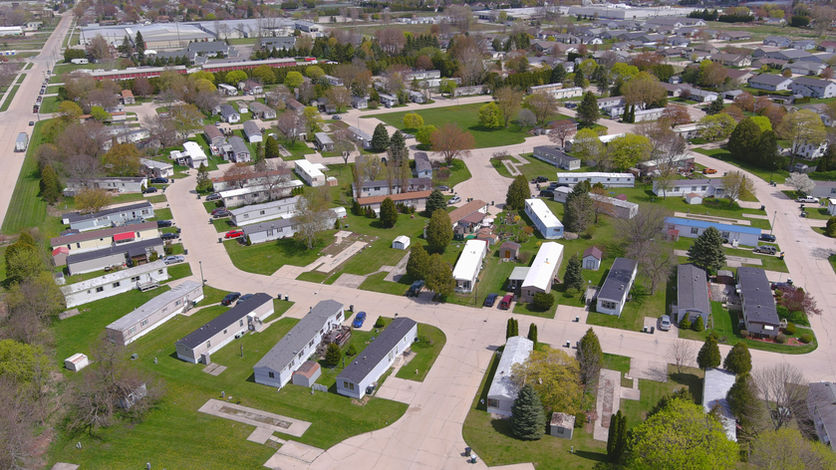 Aerial view of mobile homes at University Village Heights located in Manitowoc, WI.  
