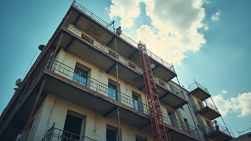 Eye-level view of a building undergoing maintenance work