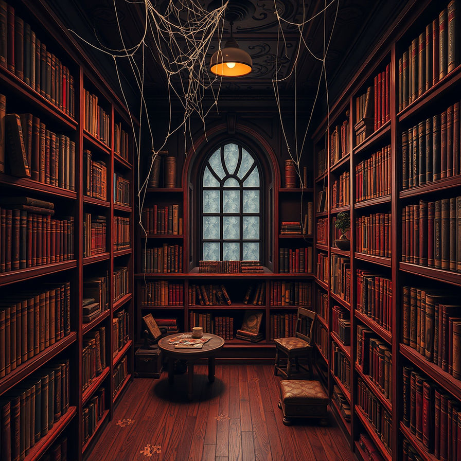 A detailed escape room style library in tones of burgundy, gold, brown and black.jpg