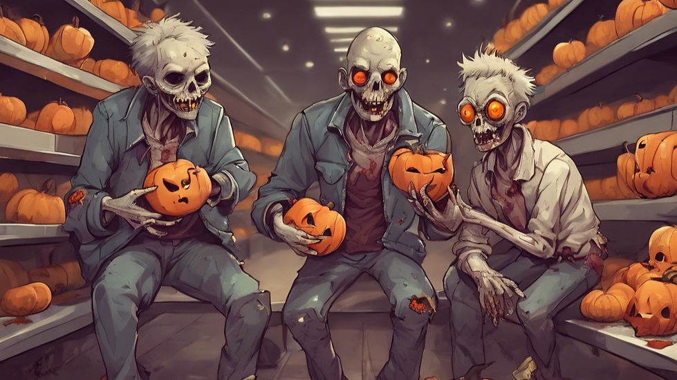 A few cute zombies eating pumpkins in a shopping center..jpg