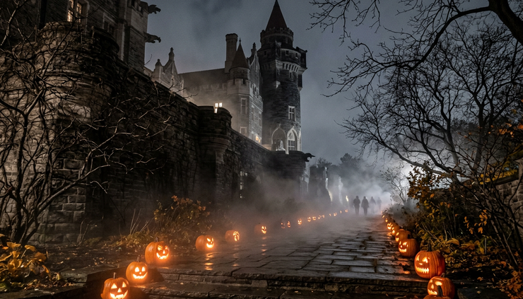 Wide-angle view of a foggy gothic castle path decorated for Halloween in Toronto