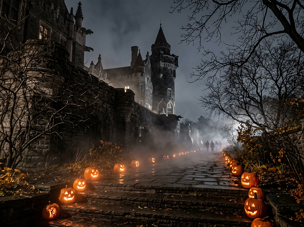 Un castillo y un corredor con linternas de halloween