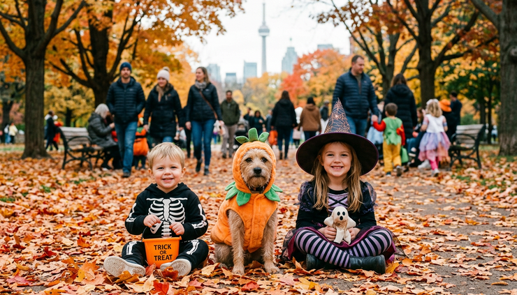 Eye-level view of a small dog wearing a pumpkin costume beside children in Halloween outfits