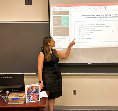 Guest Lecturer and female food business owner Chef Rachel Aiken at Georgetown University for a speaking engagement in an undergradute Food Narratives class