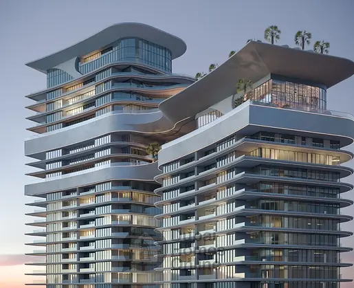 Exterior architectural rendering of Sobha SeaHaven - Tower C luxury skyscraper on Dubai Harbour beachfront with sweeping sea views and modern glass facade, highlighting a premium waterfront residence Distress Deal opportunity in Sobha SeaHaven