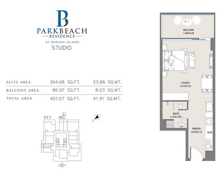 Distress Deal floor plan for Park Beach 2 STUDIO in Al Marjan Island, Ras Al Khaimah — 451 sq.ft — Apartment