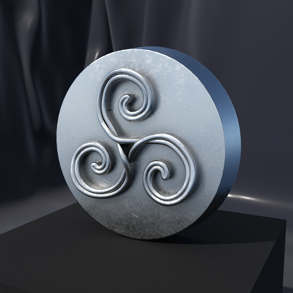 Celtic Triskelion Knot medallion in Silver .999 Fine, front view of the relief design