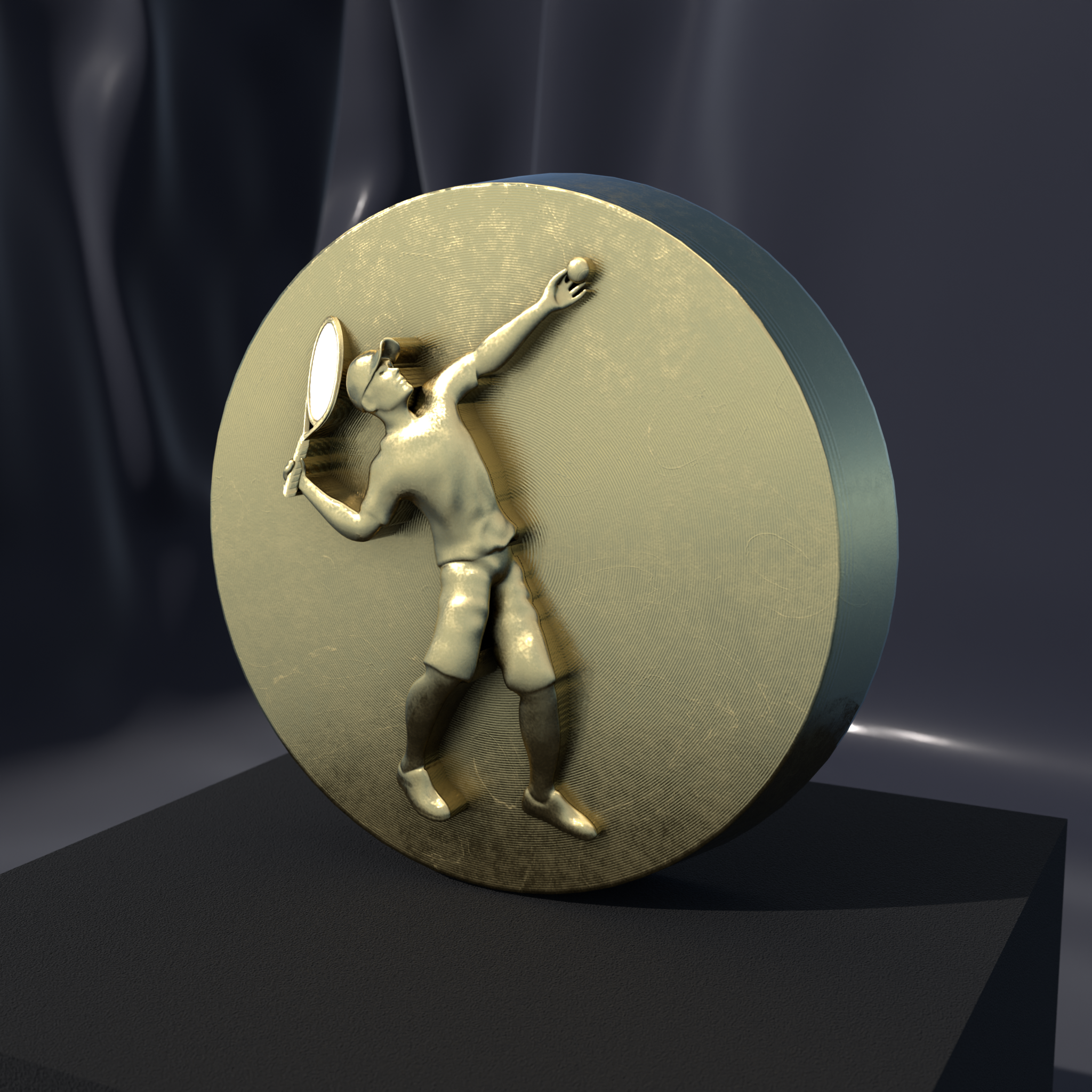 Tennis Player medallion in Nordic Gold, front view of the relief design